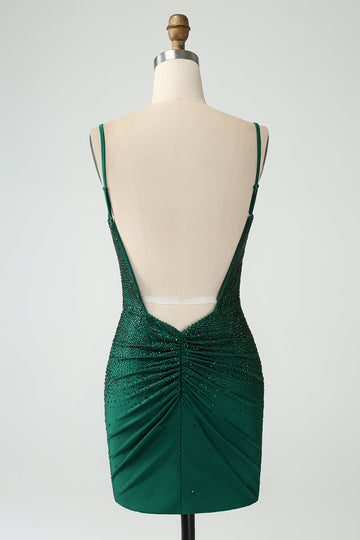 Vestido de regreso a casa con tirantes sin espalda Bodycon Spagehtti de color verde oscuro con abalorios
